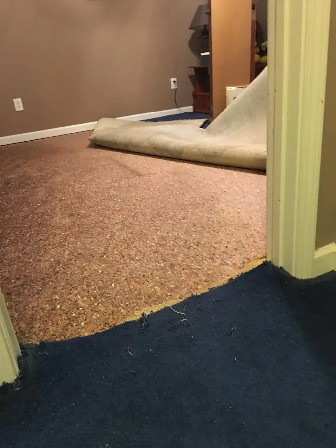 Carpet pad removal revealing water damage during Drying & Dehumidification in Liberal